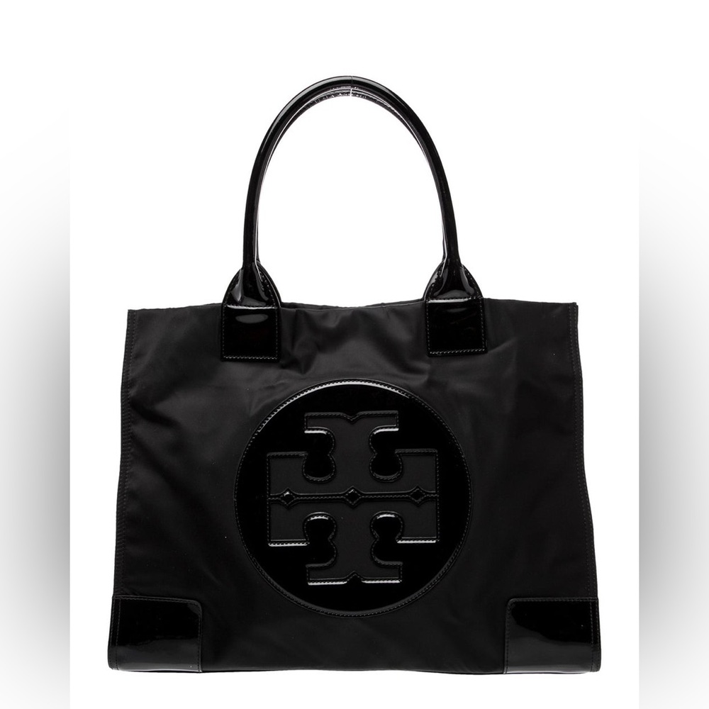 Tory Burch Women’s Ella Nylon Expandible Glossy Logo Emblem Black Tote Bag Purse